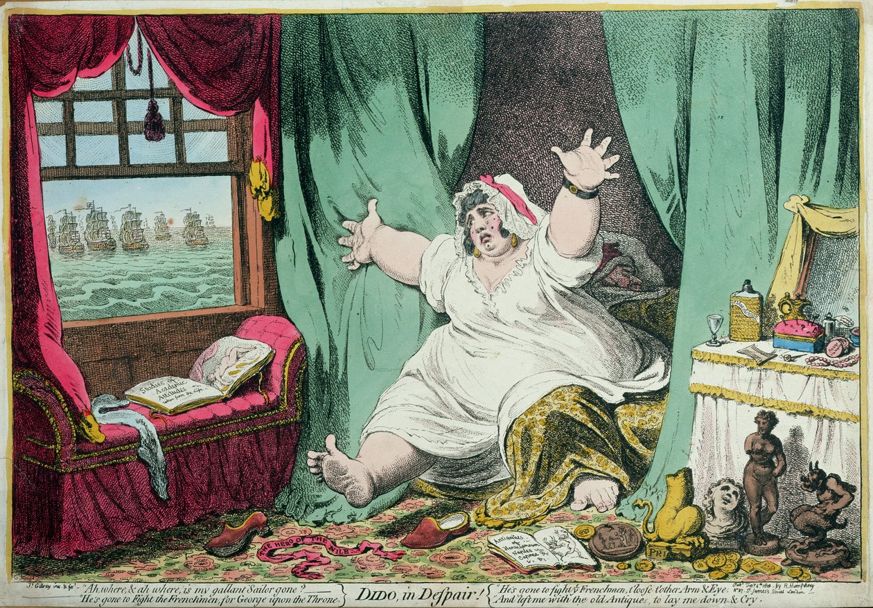 Dido in Despair, julkaisija Hannah Humphrey, 1801 (käsinvärinen kaiverrus) tekijältä James Gillray