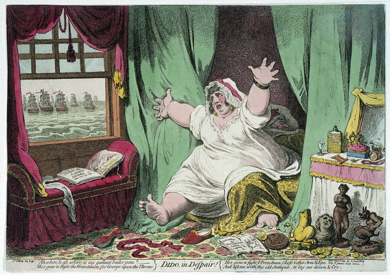 Didon epätoivo, karikatyyri, joka pilkkaa Horatio Nelsonin ja Lady Emma Hamiltonin suhdetta. tekijältä James Gillray