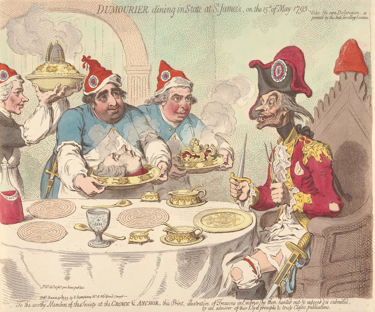 Dumourier aterioi valtiollisin kunnianosoituksin St. Jamesissa 15. toukokuuta 1793 tekijältä James Gillray