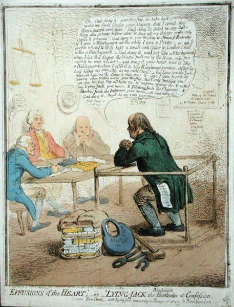 Effusions of the Heart tai Lying Jack the Blacksmith at Confession, julkaisi Hannah Humphrey vuonna 1795 Philanthropic Societylle (käsinvärinen etsaus) tekijältä James Gillray