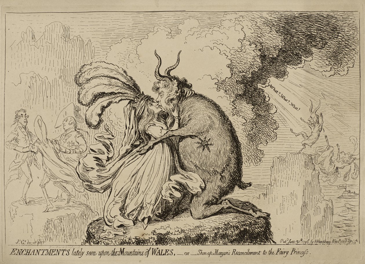 Walesin vuorilla viime aikoina nähty lumous eli "Shon-ap-Morganin sovinto keijuprinsessalle", julkaistu 30. kesäkuuta tekijältä James Gillray