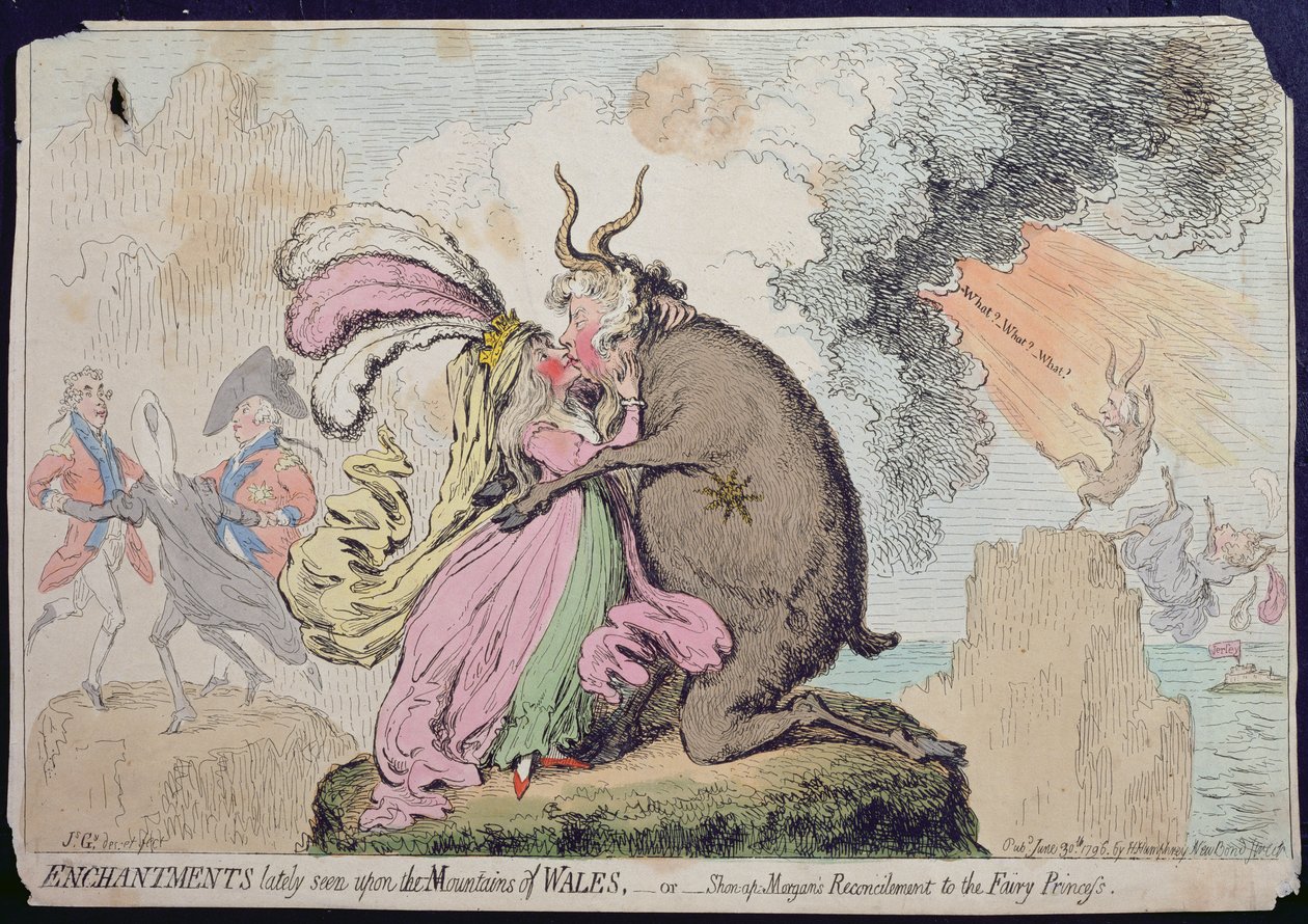 Äskettäin Walesin vuorella nähdyt lumoukset tai Shon-ap-Morganin sovinto keijuprinsessalle, Hannah Humphreyn vuonna 1796 julkaisema (käsinvärinen etsaus) tekijältä James Gillray