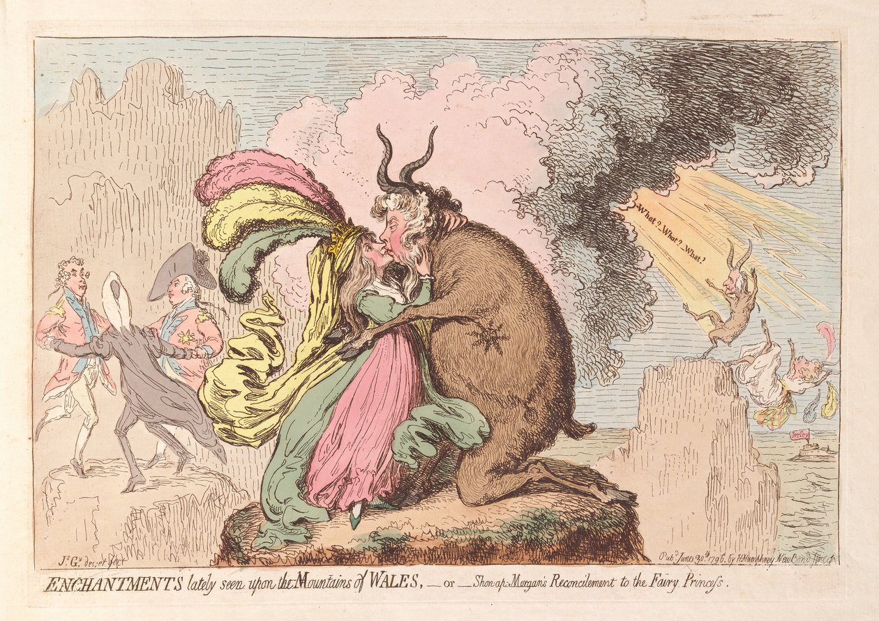 Viime aikoina Walesin vuoristossa nähty lumous tai Shon-ap Morgans Reconcilement to the Fairy Princess, pubi. 1796 (käsinvärinen kaiverrus) tekijältä James Gillray