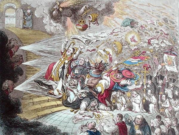 Hannah Humphreyn vuonna 1805 julkaiseman katolisen vapautuksen irlantilaisen farssin loppu (käsinväritetty etsaus). tekijältä James Gillray