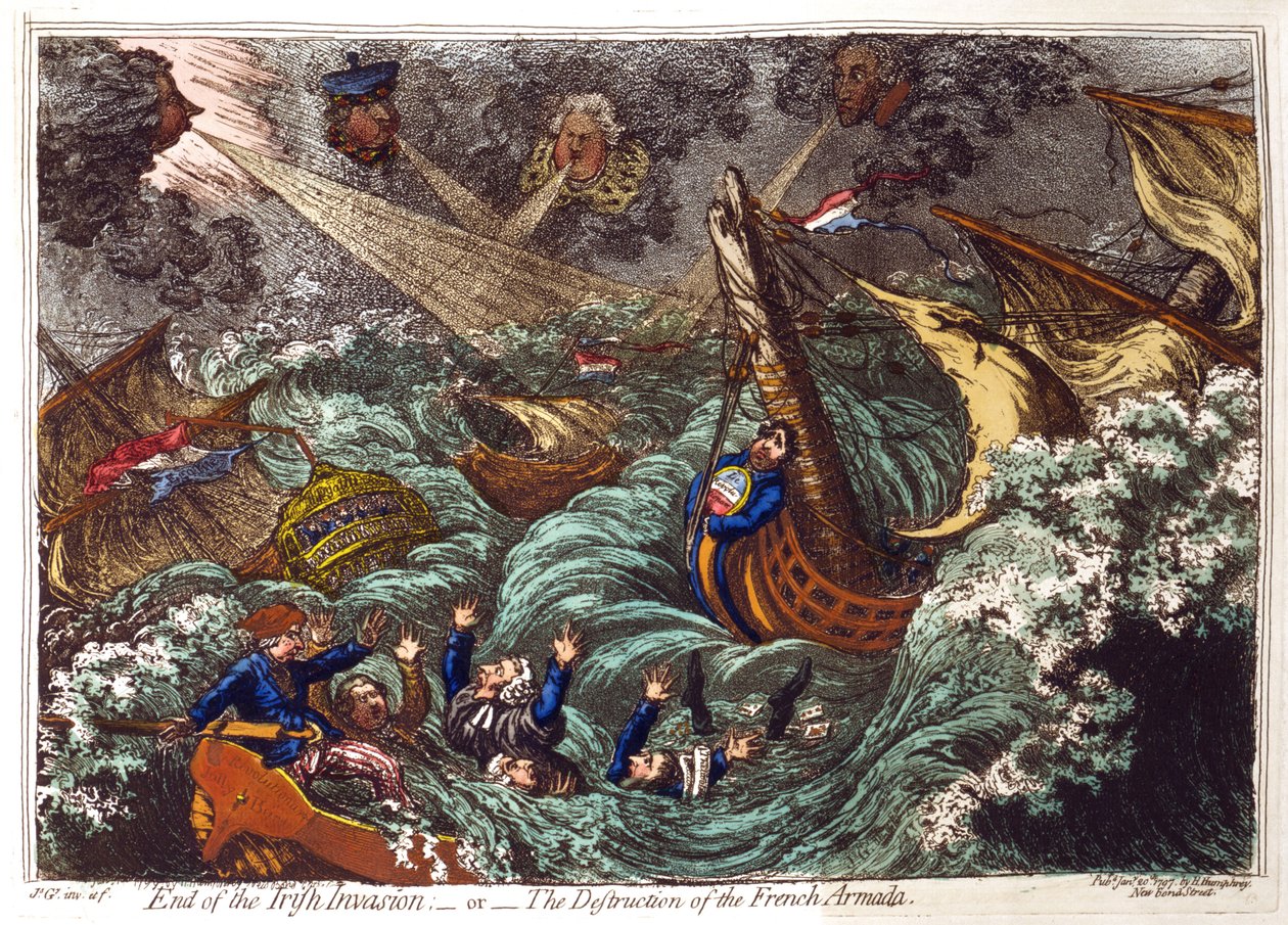 Irlannin hyökkäyksen loppu - tai - Ranskan armadan tuho, James Gillray 1797. Pitt ylhäällä vasemmalla ja hänen ministeriensä räjäyttämät ranskalaiset laivat. Charles James Fox ja hänen oppositioliittolaisensa hukkumisvaarassa. tekijältä James Gillray