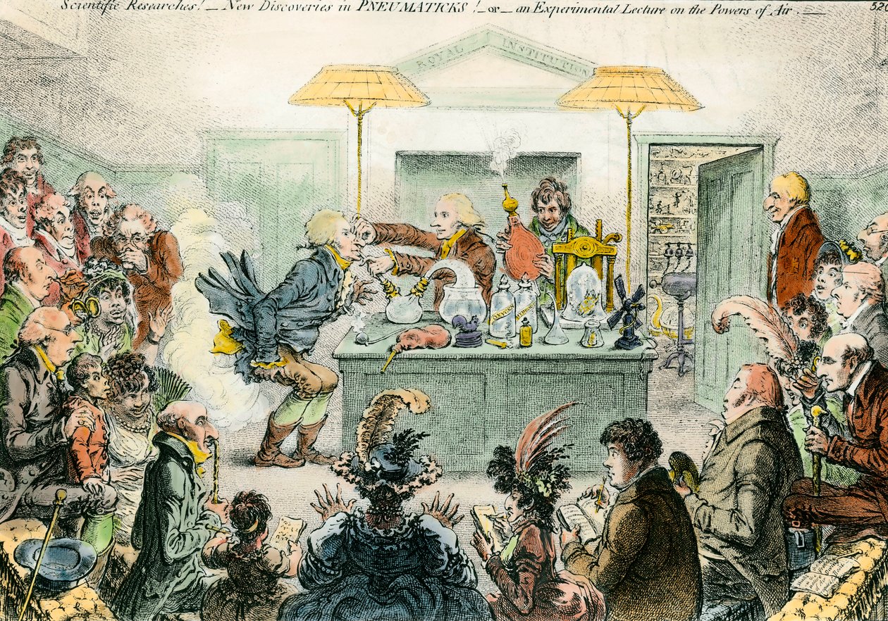 Englantilainen satiiri tieteestä: uudet löydöt pneumaattisista materiaaleista. Satiirinen piirustus tieteellisten konferenssien innostuksesta 1800-luvulla. Kaiverrus James Gillray (1757-1815) tekijältä James Gillray