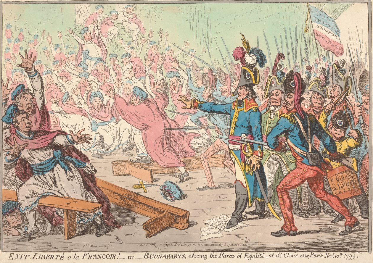 Hyvästi ”Liberte a la Francois”! – tai – Bonaparte päättää ”Egalite”-farssin Saint-Cloudissa Pariisin lähellä 10. marraskuuta 1799 tekijältä James Gillray