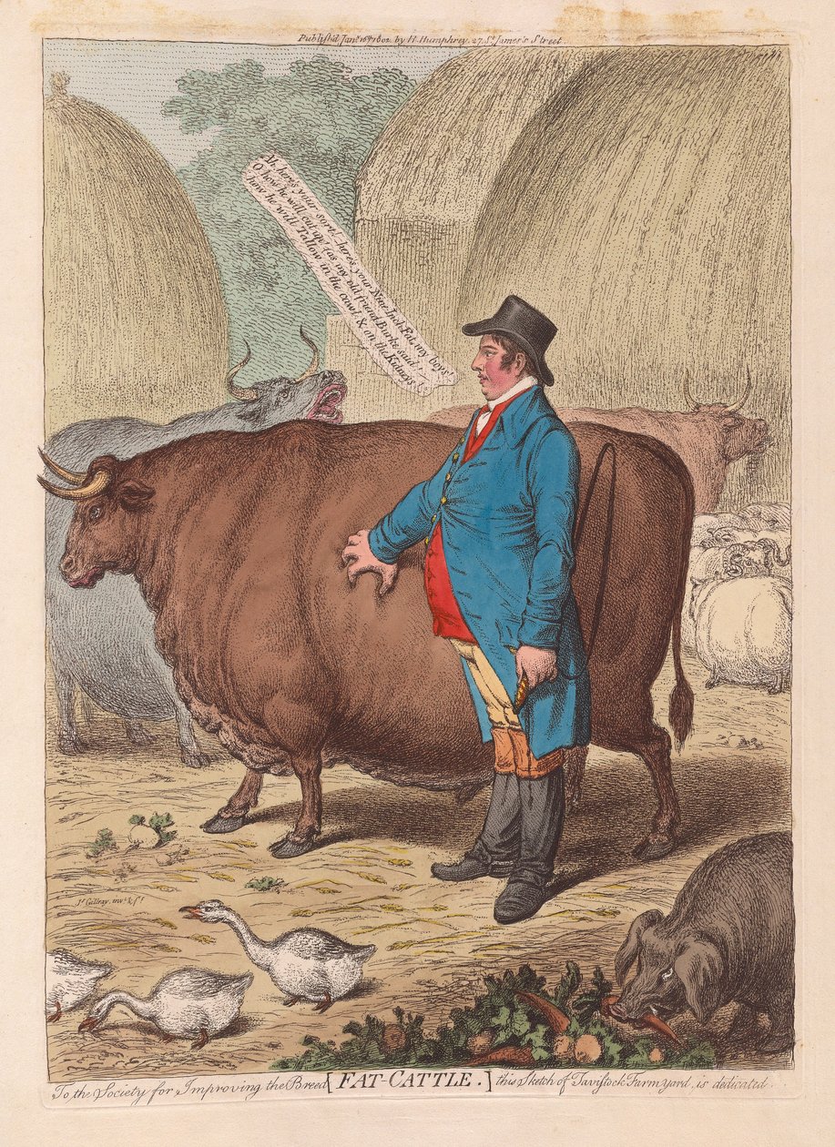 Lihava karja, pubi. 1802 (käsinvärinen kaiverrus) tekijältä James Gillray