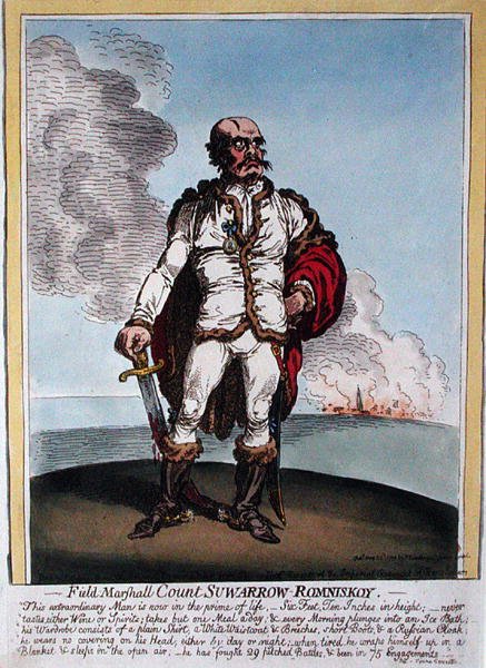 Field-Marshall-kreivi Suwarrow-Rominiskoy (1729-1800), julkaissut Hannah Humphrey vuonna 1799 (käsinvärinen etsaus) tekijältä James Gillray