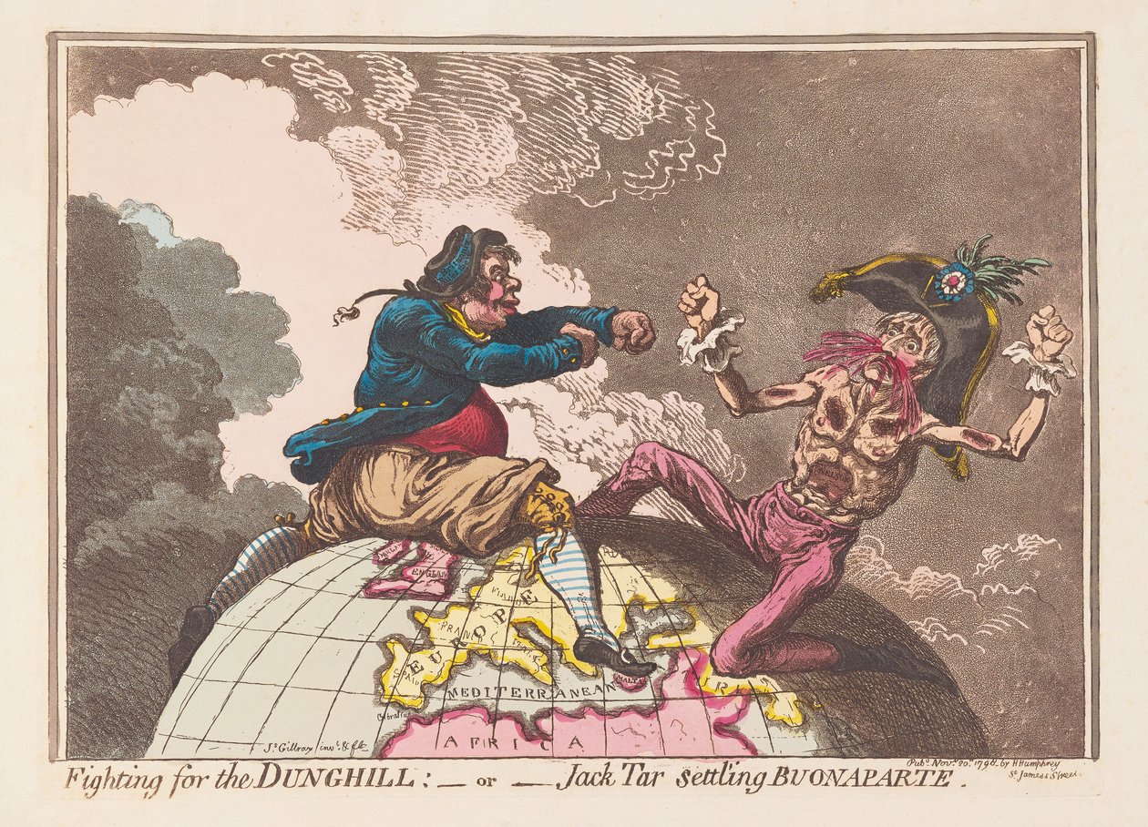 Taistelevat Dunghillin tai Jack Tarin asettumisesta Buonaparte, pubi. 1798 (käsinvärinen kaiverrus) tekijältä James Gillray
