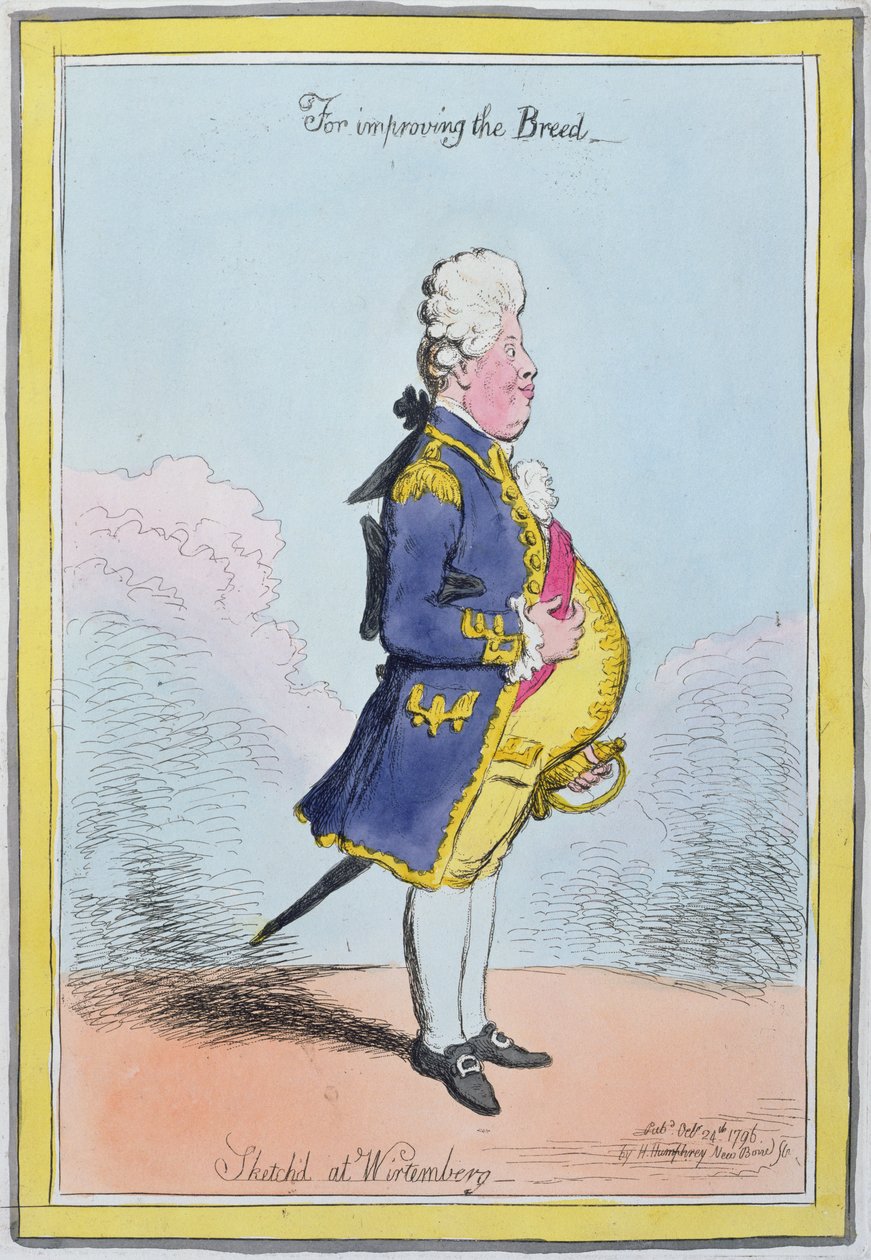 Rotujen parantamisesta, luonnosteltu Wirtembergissä, julkaissut Hannah Humphrey vuonna 1796 (käsinvärinen etsaus) tekijältä James Gillray