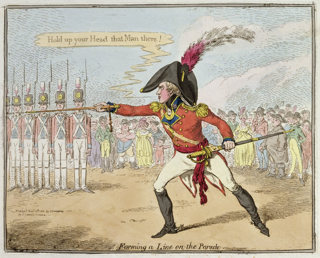 Forming a Line on the Parade, julkaissut Hannah Humphrey vuonna 1801 (käsinvärinen etsaus) tekijältä James Gillray