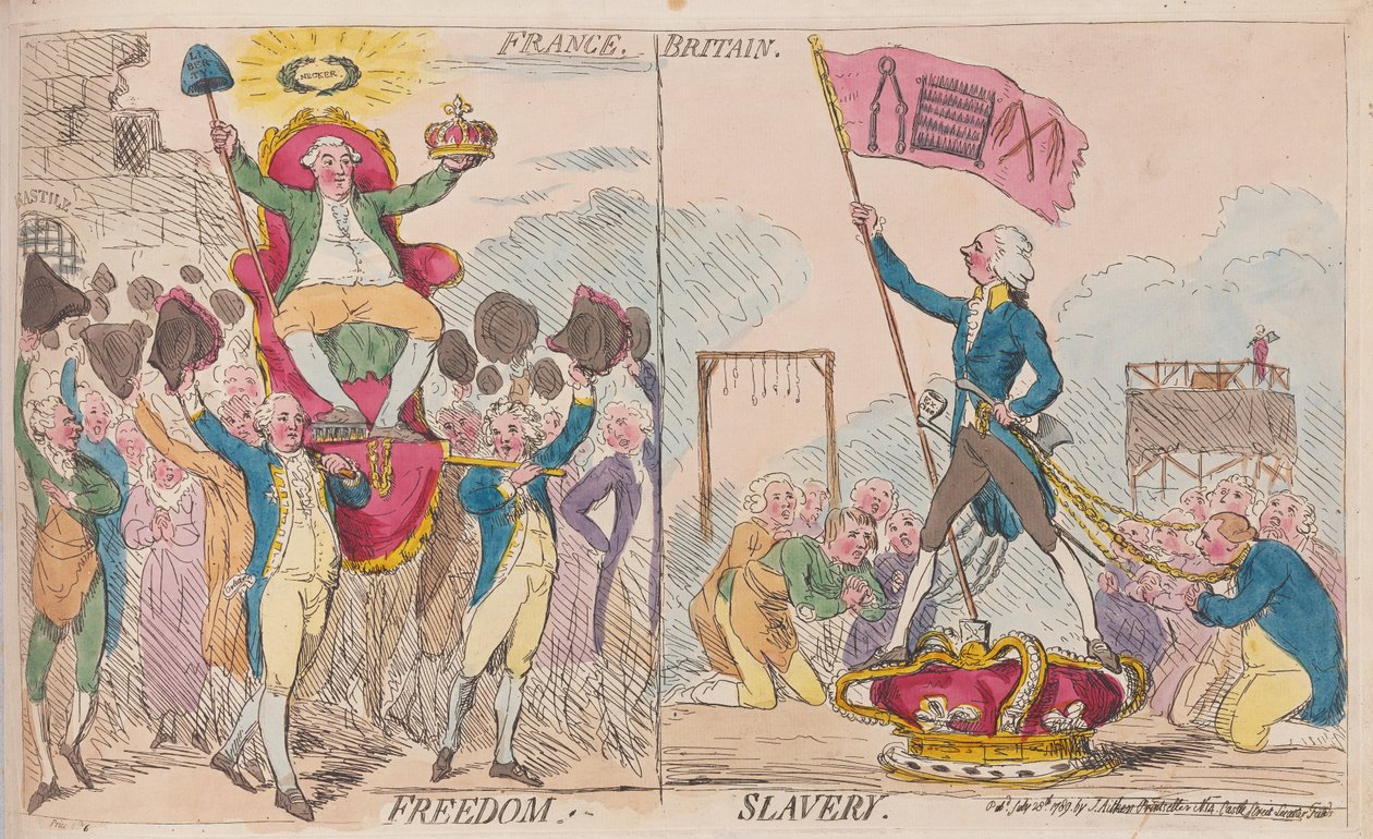 Ranska Vapaus, Britannia Orjuus, pub. 1789 (käsinvärinen kaiverrus) tekijältä James Gillray