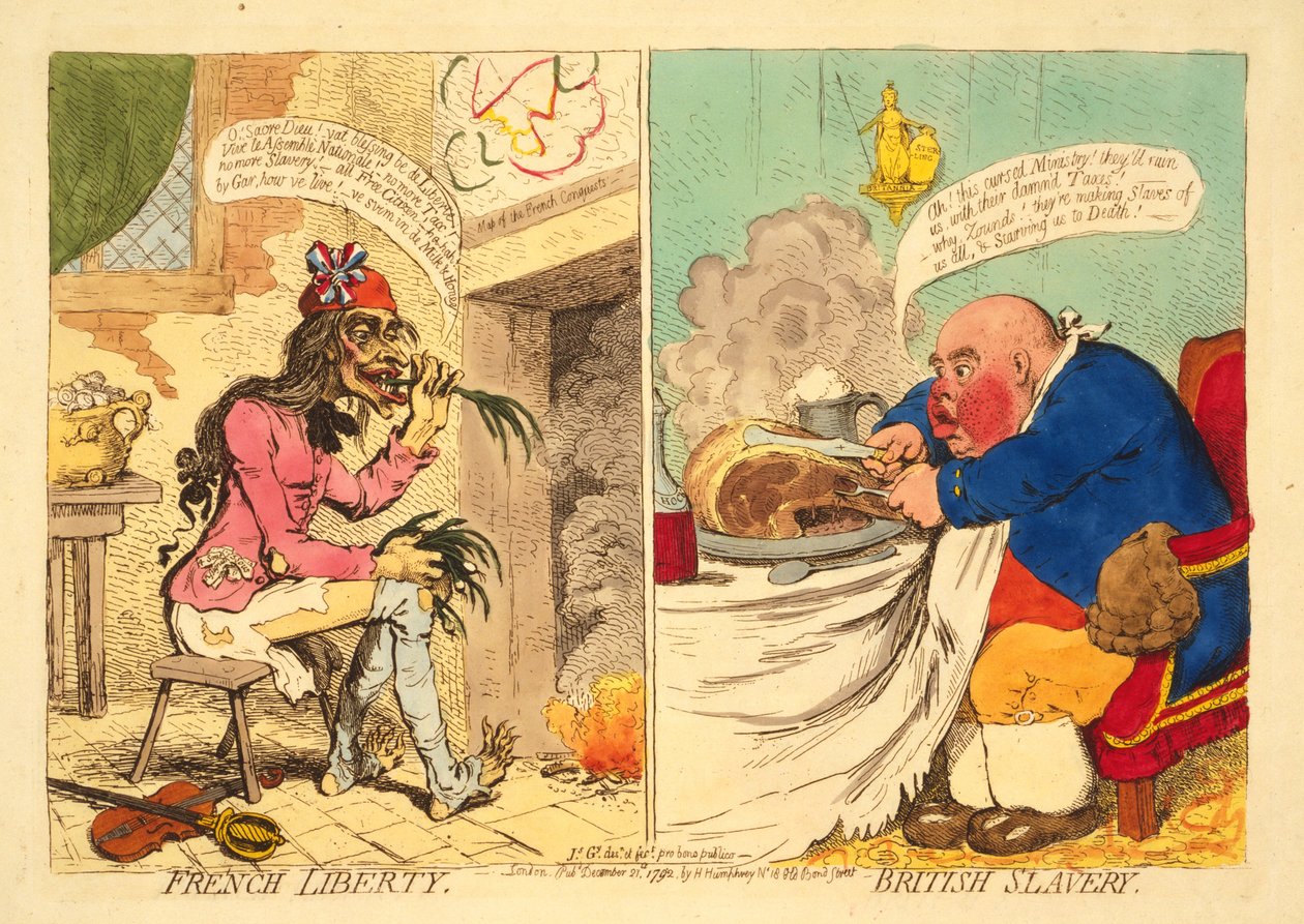 Ranskan vapaus - Britannian orjuus, pub. 1892 (käsin väritetty kaiverrus) tekijältä James Gillray