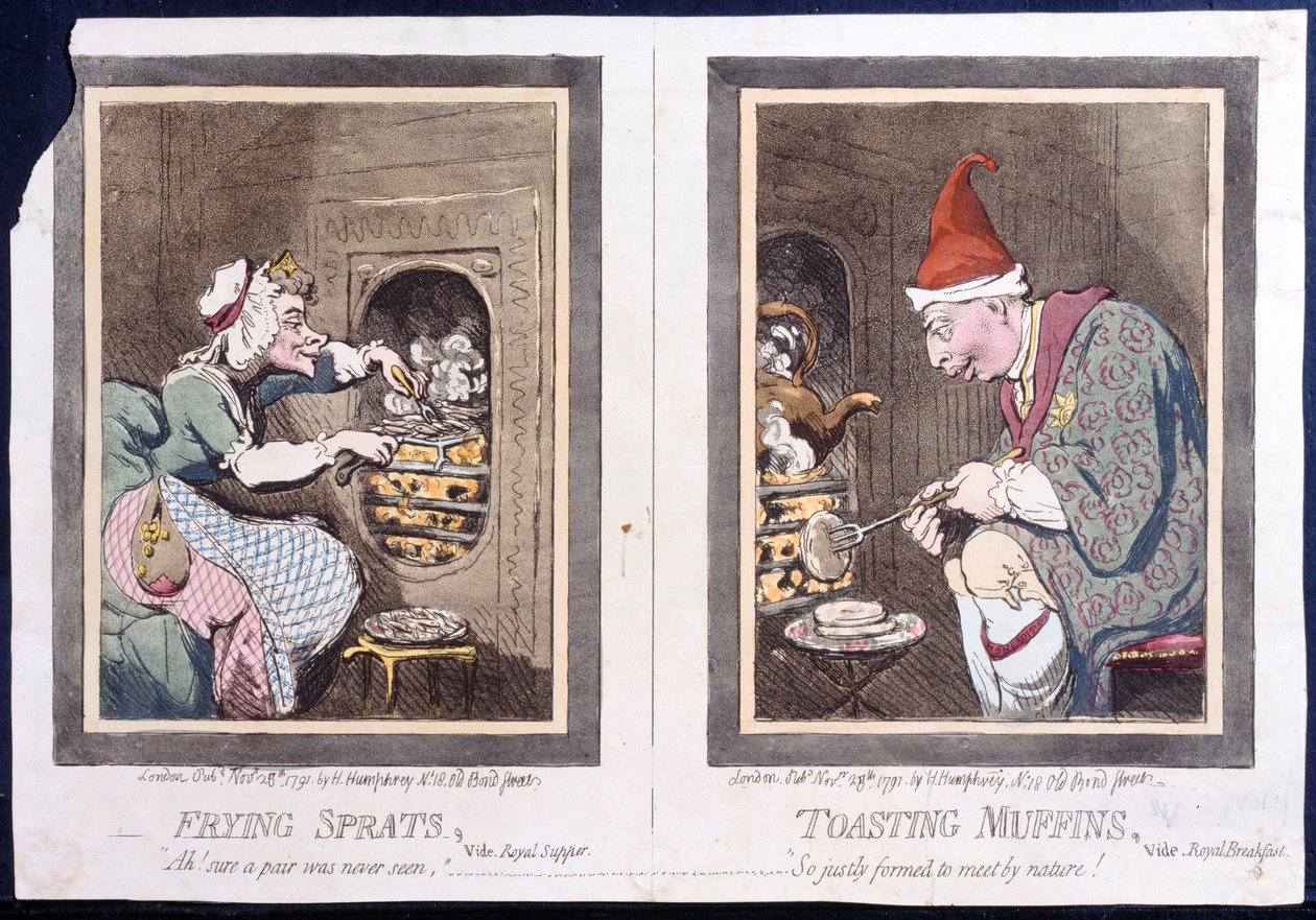 Hannah Humphreyn vuonna 1791 julkaisema Frying Sprats eli Royal Supper ja Toasting Muffins tai Royal Breakfast (käsinvärinen etsaus) tekijältä James Gillray