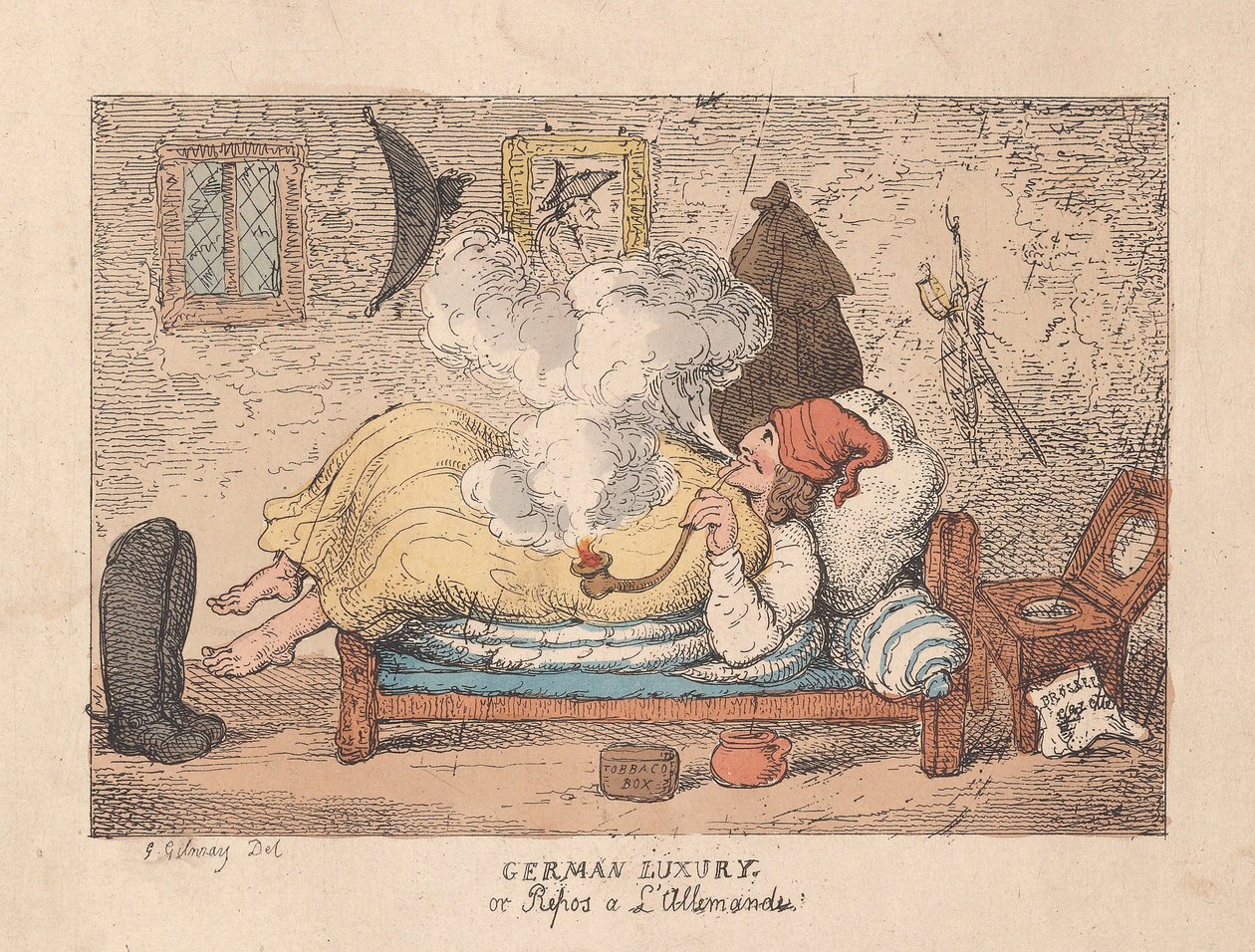 Saksalainen ylellisyys tai Repos a LAllemande, pub. 1800 (käsin väritetty kaiverrus) tekijältä James Gillray