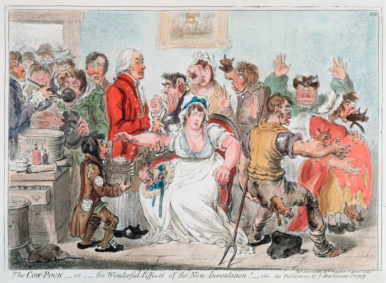 Gillray-sarjakuva isorokkorokotuksesta lehmänrokkoseerumilla, 1802 tekijältä James Gillray