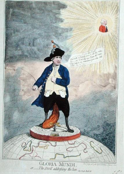 Gloria Mundi eli The Devil Addressing the Sun, julkaissut William Humphrey vuonna 1782 (käsinvärinen kaiverrus) tekijältä James Gillray