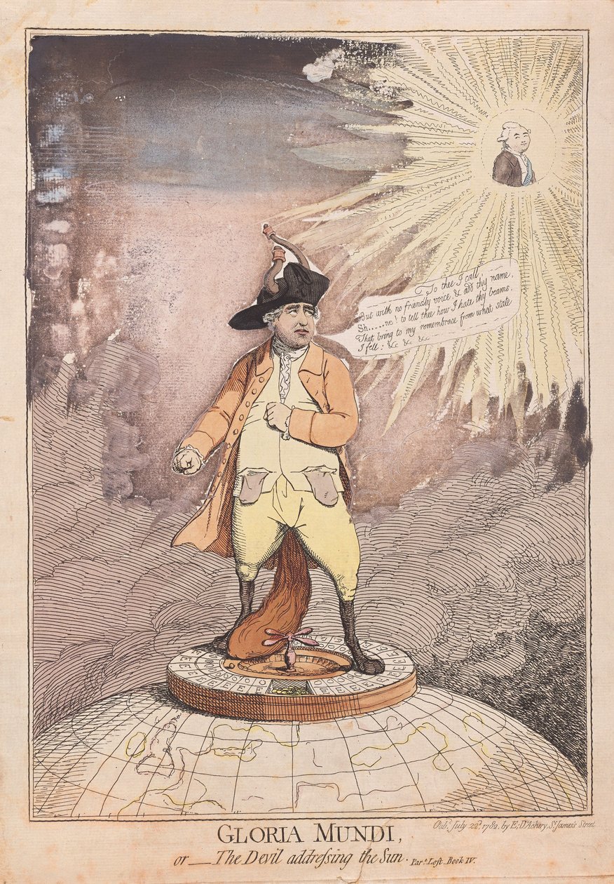 Gloria Mundi, tai Paholainen puhuttelee aurinkoa, pubi. 1782 (käsinvärinen kaiverrus) tekijältä James Gillray