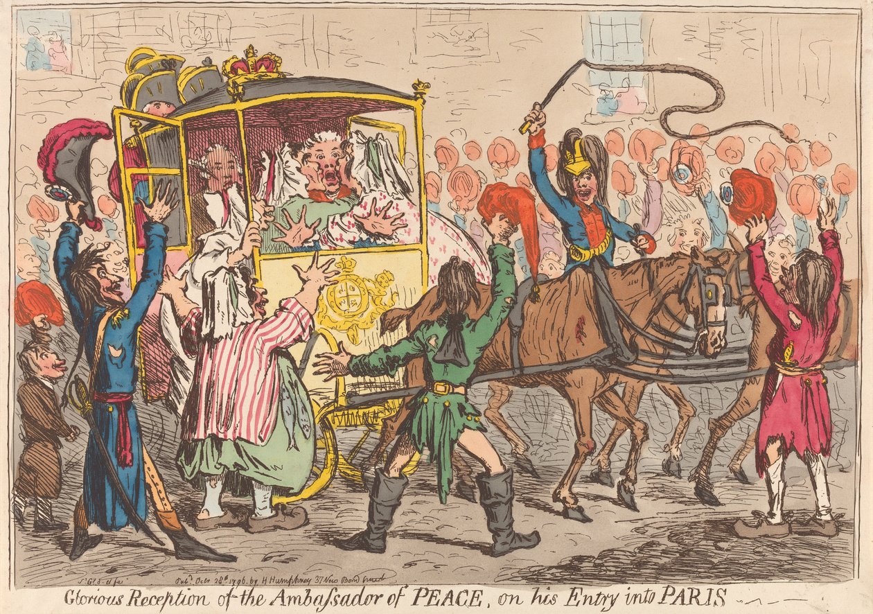 Rauhanlähettilään loistokas vastaanotto hänen saapuessaan Pariisiin tekijältä James Gillray