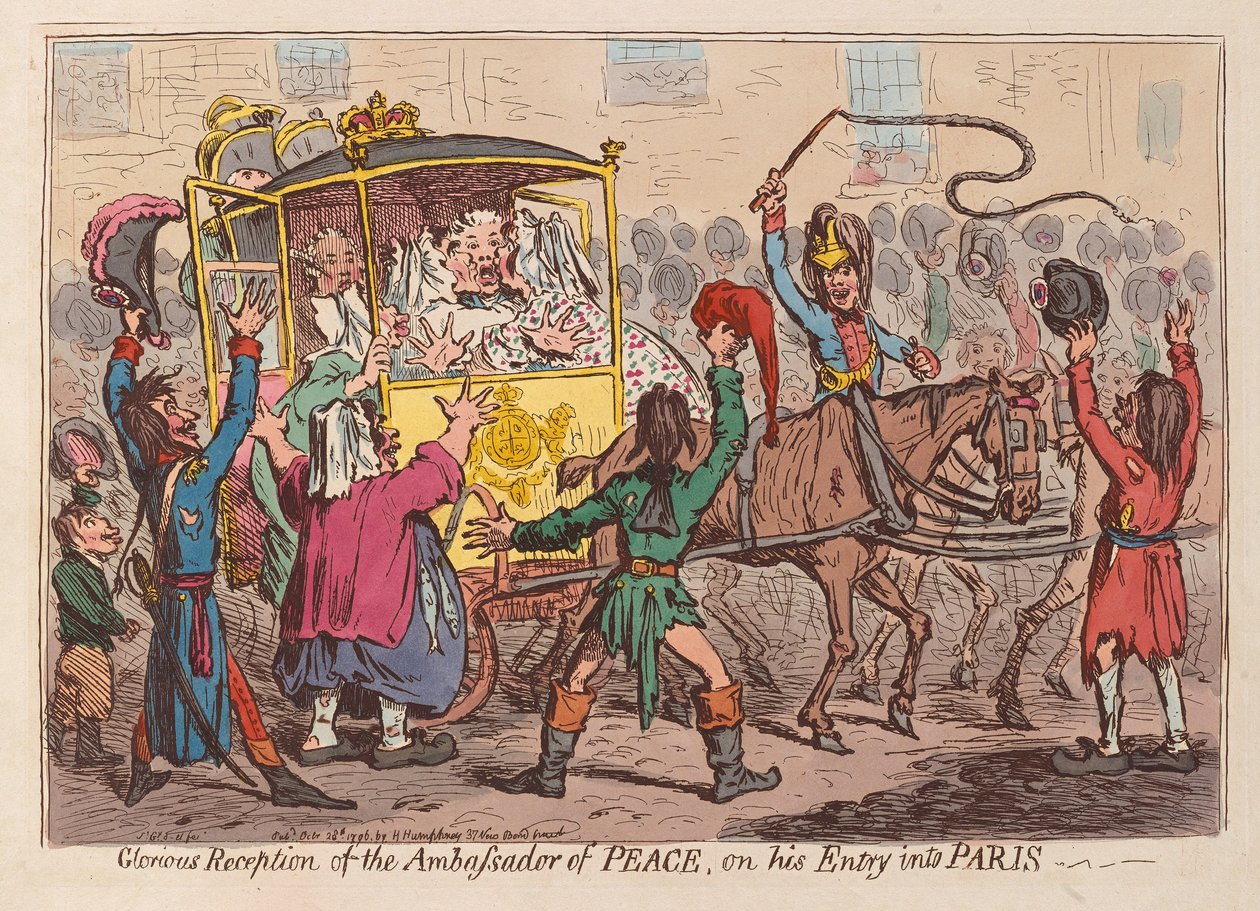 Rauhansuurlähettilään loistava vastaanotto hänen saapuessaan Pariisiin, pubi. 1796 (käsinvärinen kaiverrus) tekijältä James Gillray
