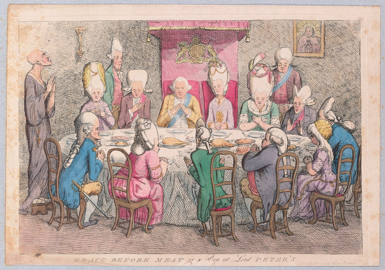 Armo ennen lihaa tai kurkistus Lord Petersiin, pub. 1779 (käsin väritetty kaiverrus). tekijältä James Gillray