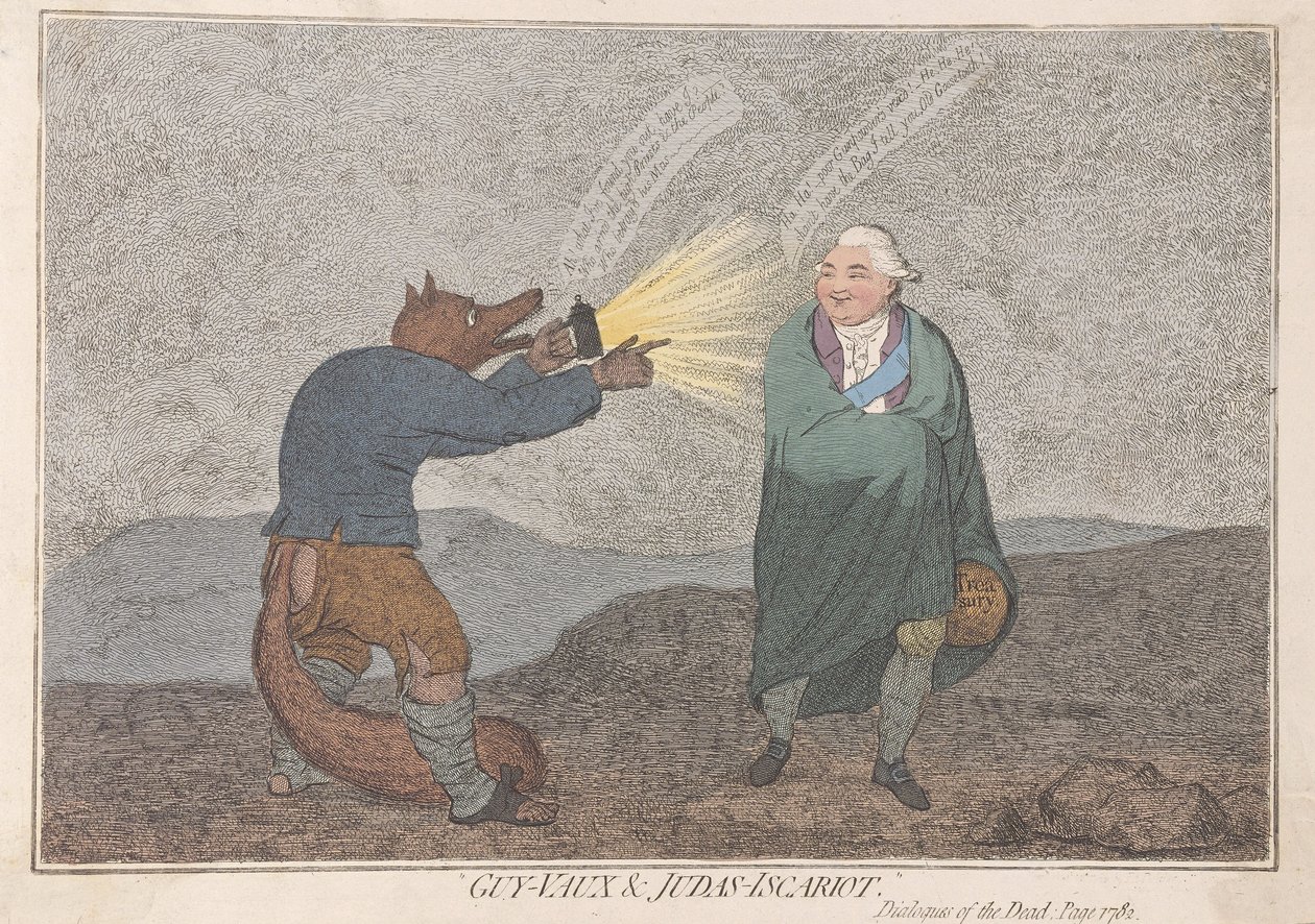 Guy-Vaux ja Judas-Iscariot, pub. 1782 (käsinvärinen kaiverrus) tekijältä James Gillray