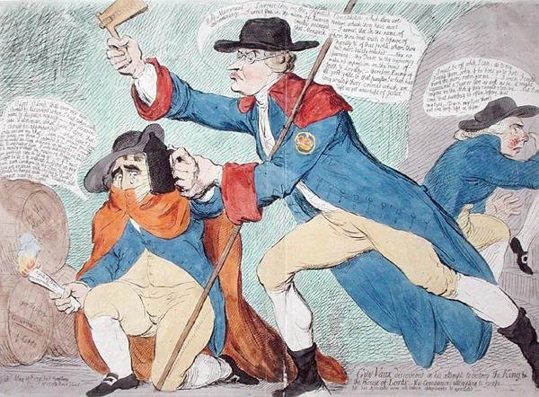 Guy Vaux löydettiin kuninkaan ja ylähuoneen tuhoamisyrityksessä, Hannah Humphreyn julkaisema 1791 (käsin väritetty etsaus). tekijältä James Gillray