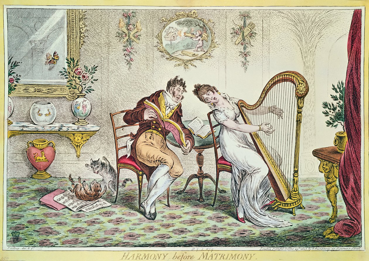 Harmonia ennen avioliittoa, 1805 (värikaiverrus) tekijältä James Gillray