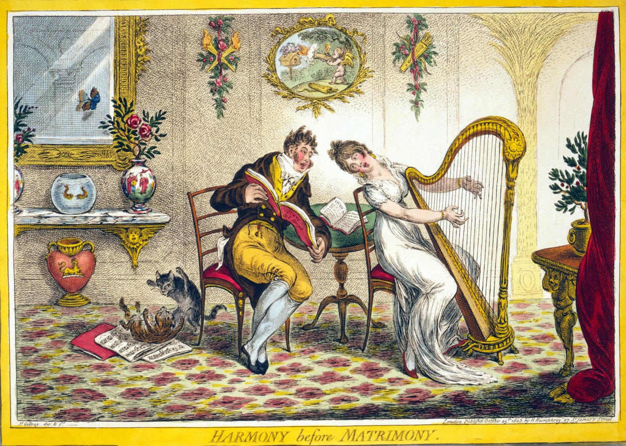 Harmonia ennen avioliittoa, pub. Hannah Humphrey, 25. lokakuuta 1805 (käsinvärinen kaiverrus) tekijältä James Gillray
