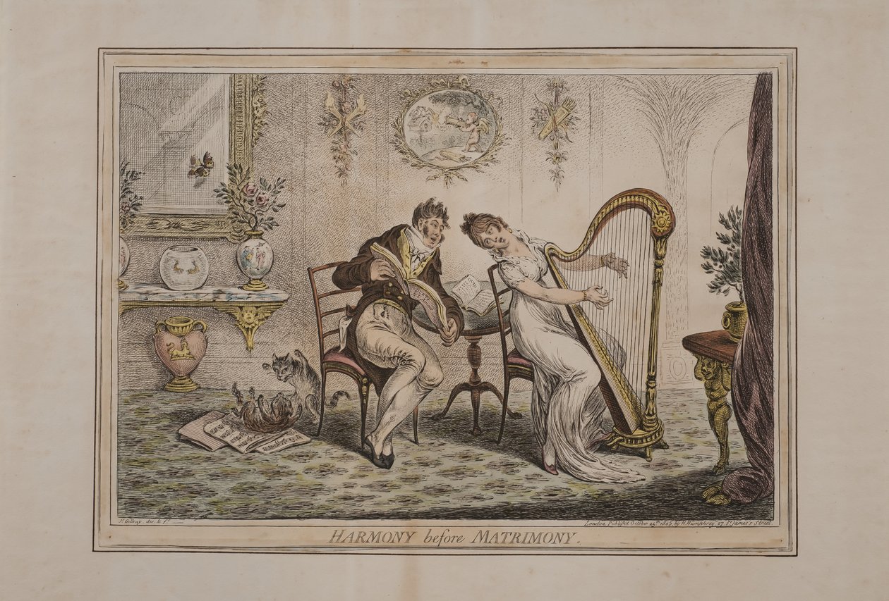 Harmonia ennen avioliittoa, julkaisija Hannah Humphrey, 1805 (käsinvärinen etsaus) tekijältä James Gillray