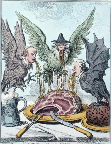 Harpyes Destroying the Feast, julkaissut Hannah Humphrey vuonna 1799 (käsinvärinen etsaus) tekijältä James Gillray