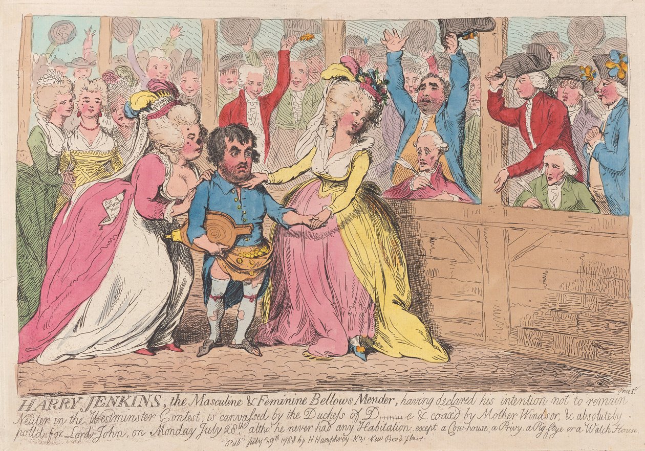 Harry Jenkins, Masculine & Feminine Bellows Mender, pubi. 1788 (käsinvärinen kaiverrus) tekijältä James Gillray