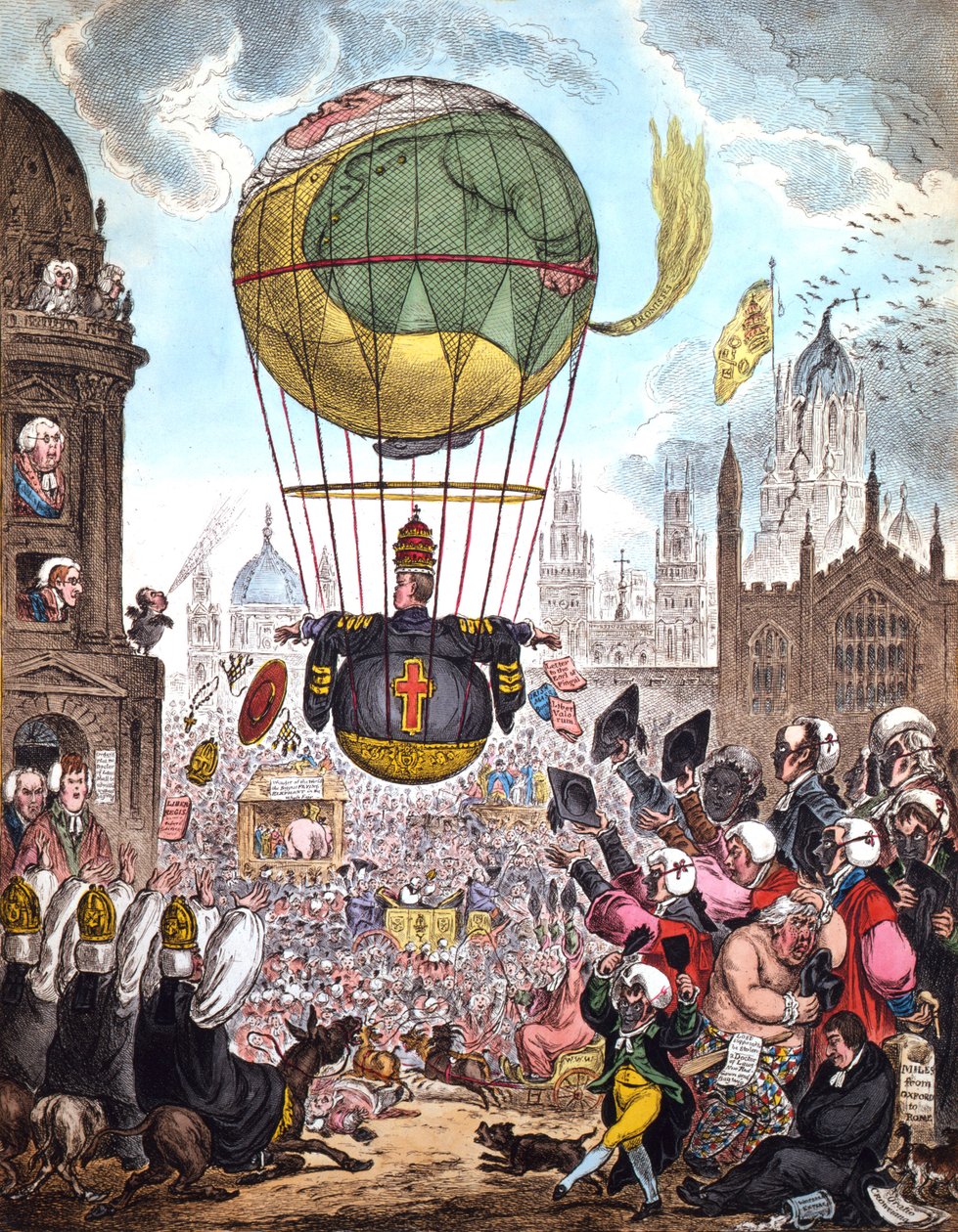 Hän ohjaa lentoaan ylhäällä, harjoittaen hämärää ilmaa, joka tunsi epätavallisen painon., 1810 tekijältä James Gillray