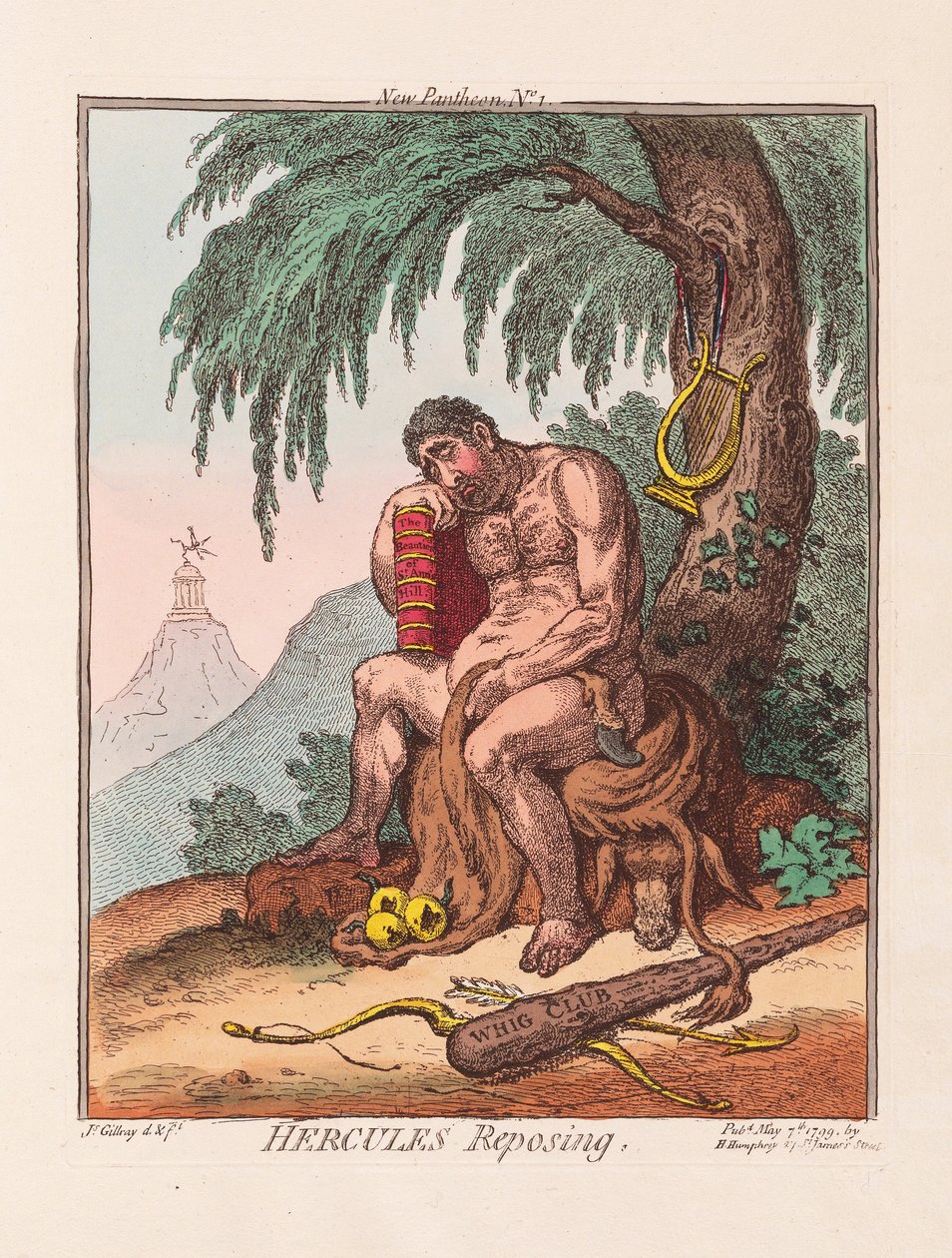 Hercules Reposing, pub. 1799 (käsinvärinen kaiverrus) tekijältä James Gillray