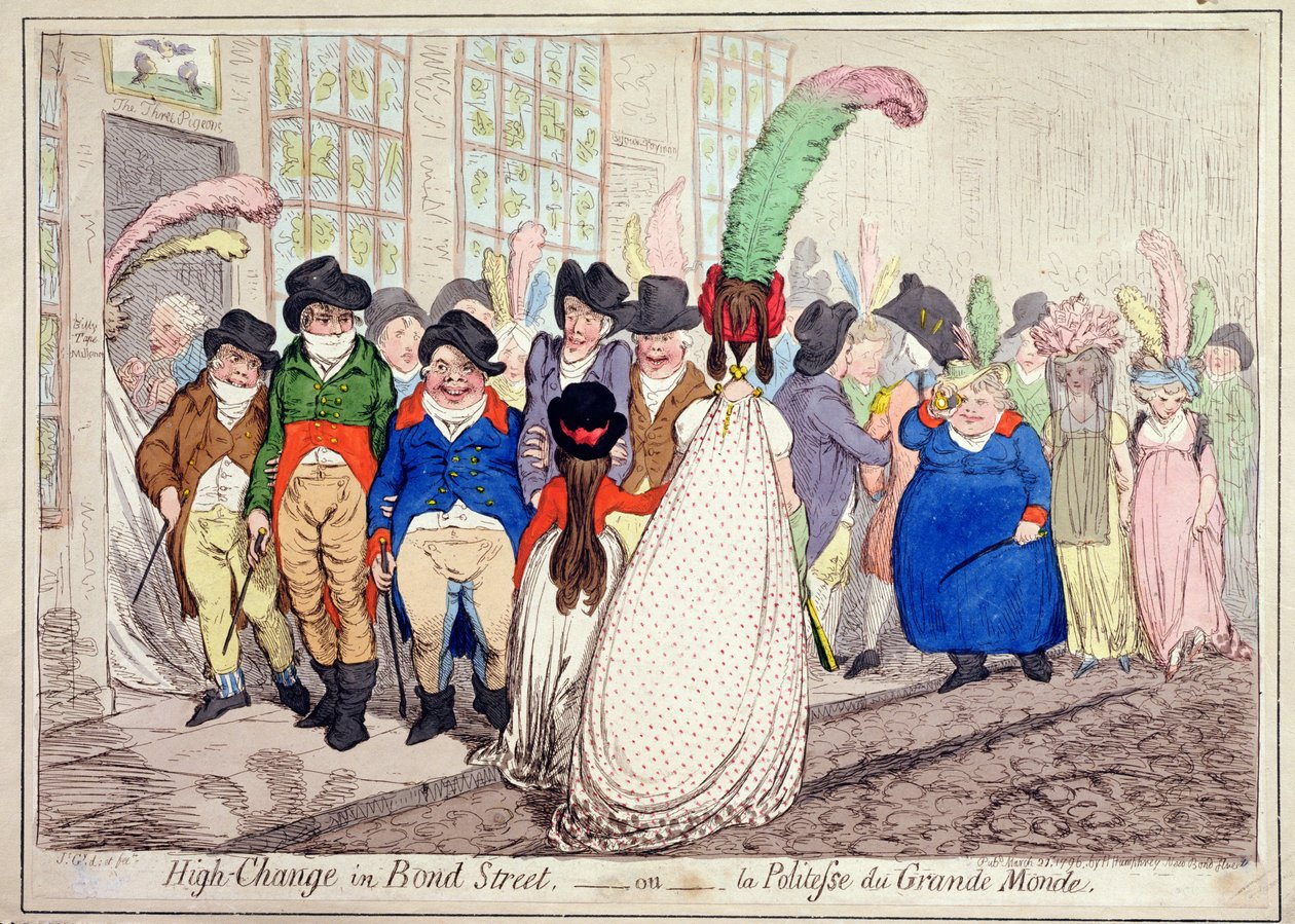 High Change in Bond Street, tai La Politesse du Grande Monde, julkaissut Hannah Humphrey vuonna 1796 (käsinvärinen etsaus) tekijältä James Gillray