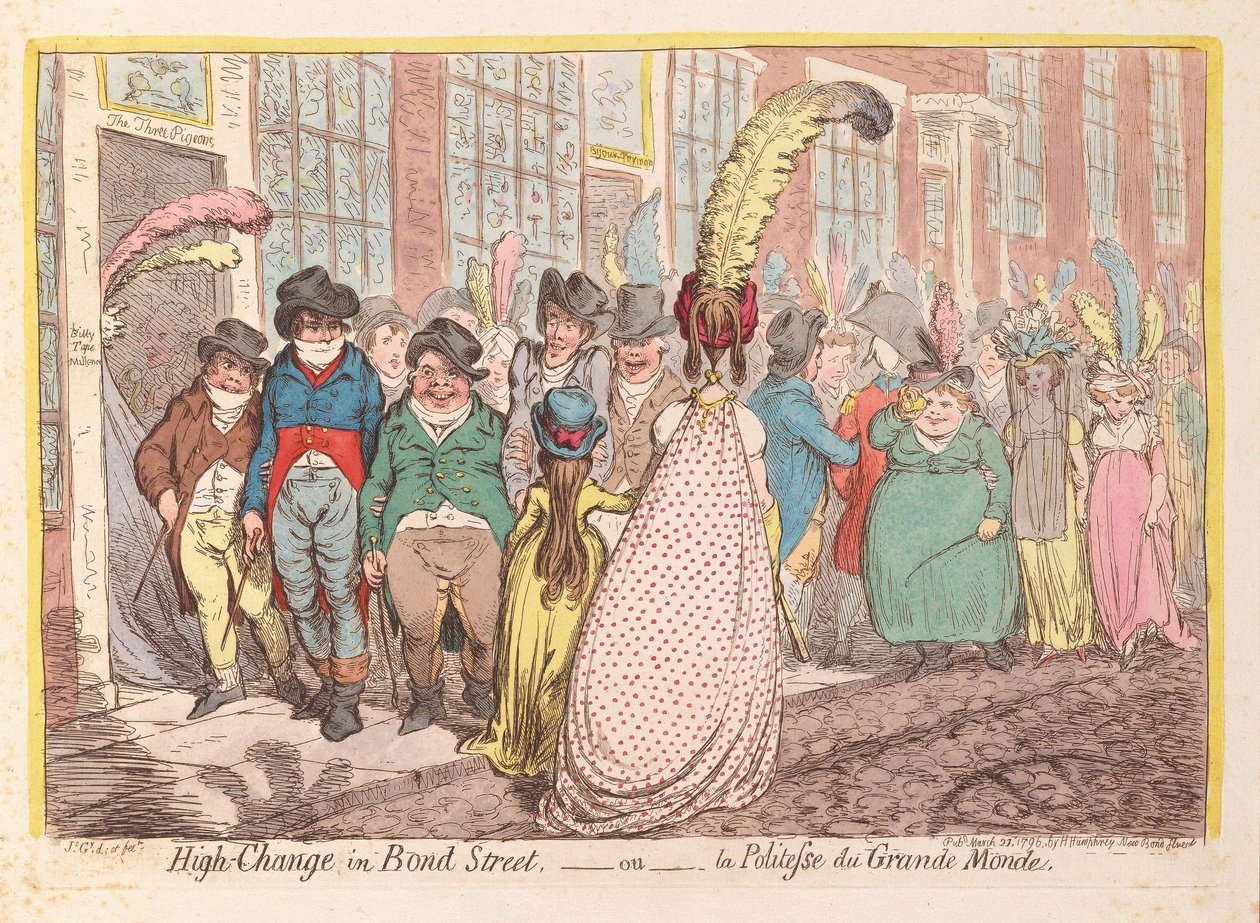 High Change in Bond Street, tai The Polteness of the Big World, pub. 1796 (käsinvärinen kaiverrus) tekijältä James Gillray