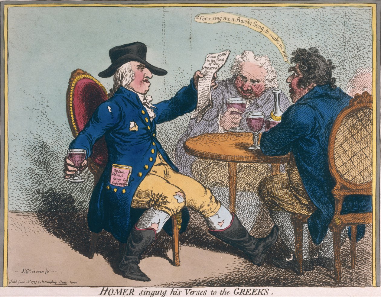 Homer laulaa säkeitä kreikkalaisille, julkaissut Hannah Humphrey vuonna 1797 (käsinvärinen etsaus) tekijältä James Gillray