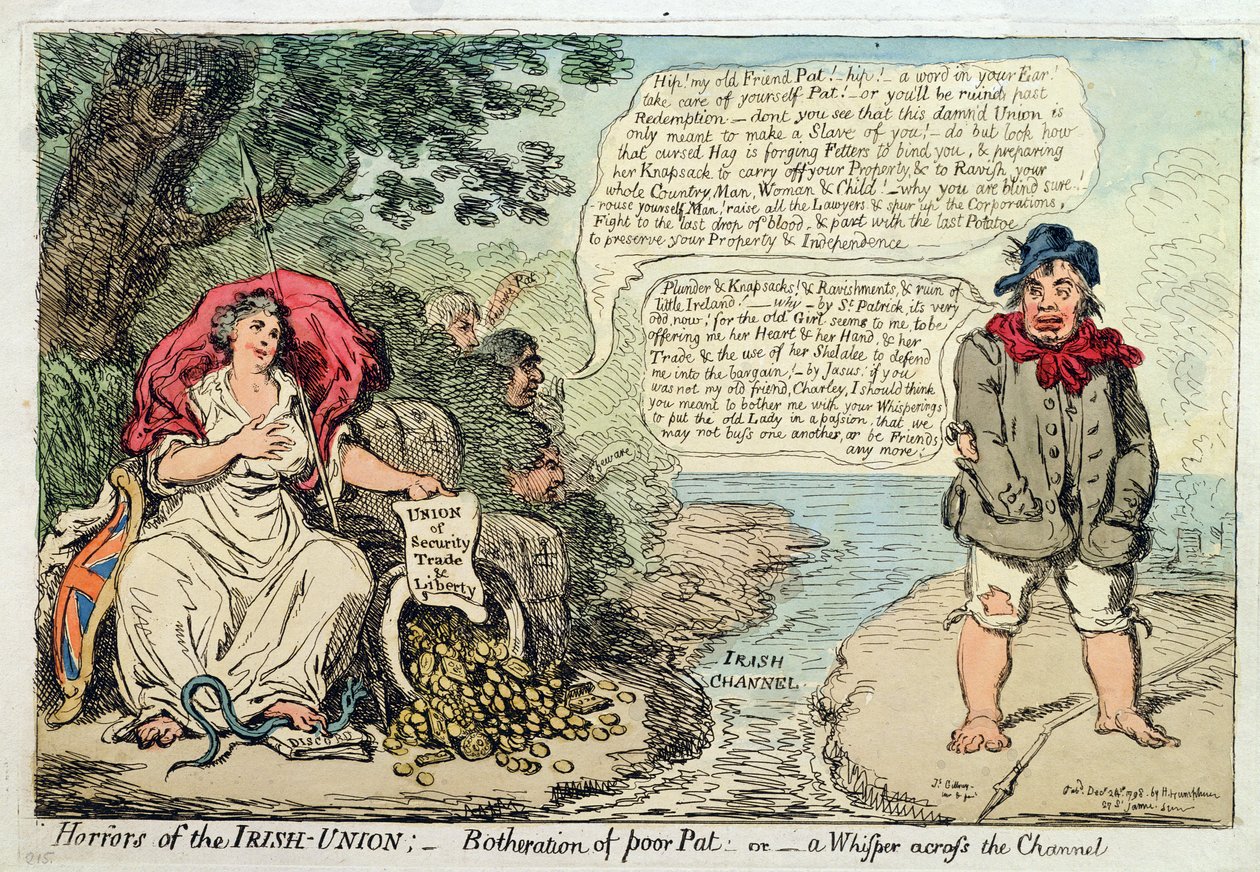 Irlannin unionin kauhut: Köyhän Patin vaivautuminen eli kuiskaus kanavan yli, julkaissut Hannah Humphrey vuonna 1798 (käsinvärinen etsaus) tekijältä James Gillray