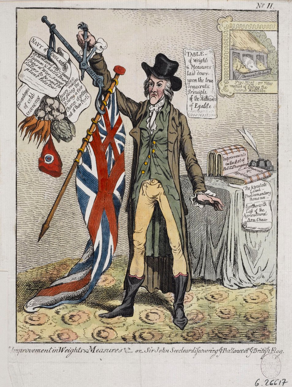 Painojen ja mittojen parannus eli Sir John Seeclear löytää Britannian lipun tasapainon tekijältä James Gillray
