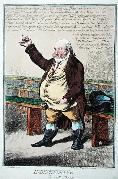Independence, or Tyrwhitt Jones, Hannah Humphreyn julkaisema 1799 (käsin väritetty etsaus). tekijältä James Gillray