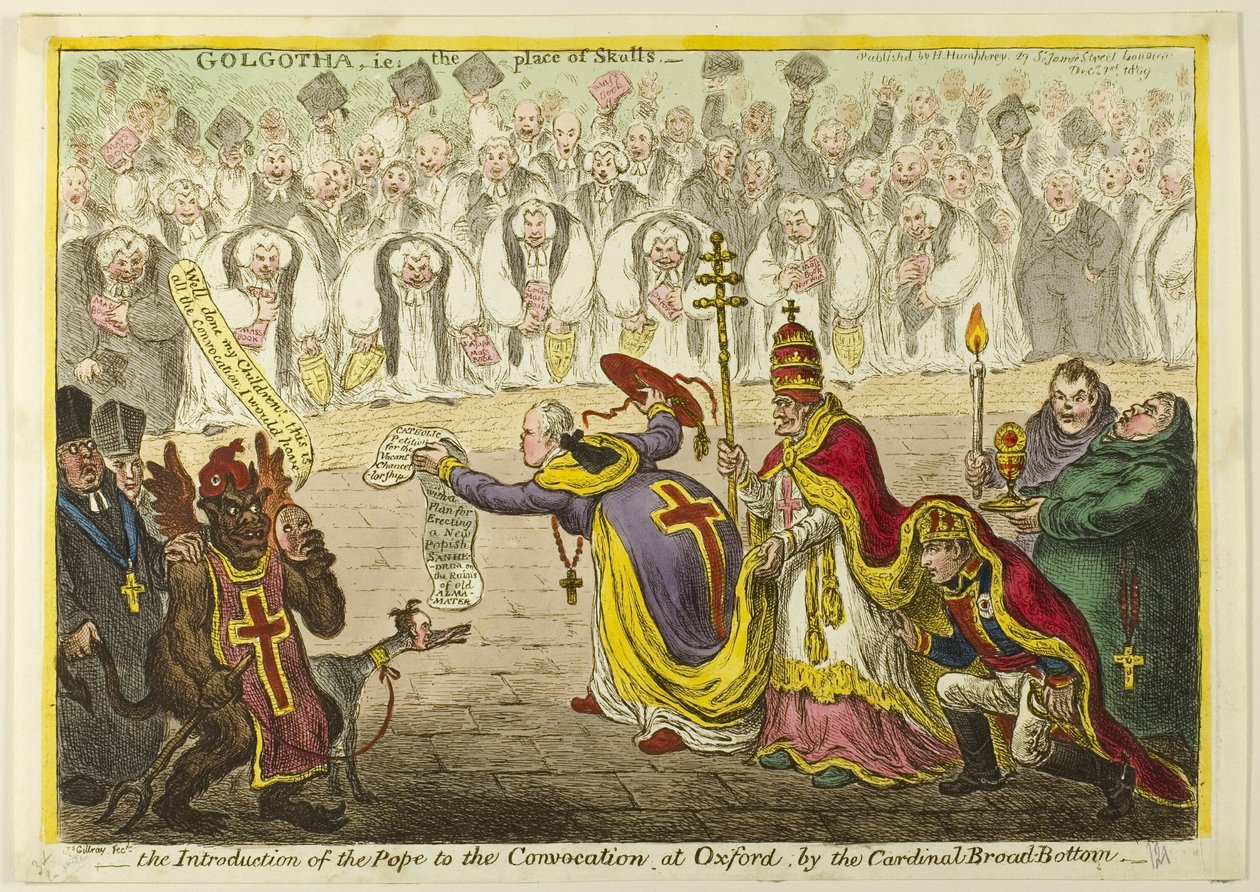 Kardinaali Broad-Bottomin esittelemä paavin esittely Oxfordin konvokaatiolle. tekijältä James Gillray