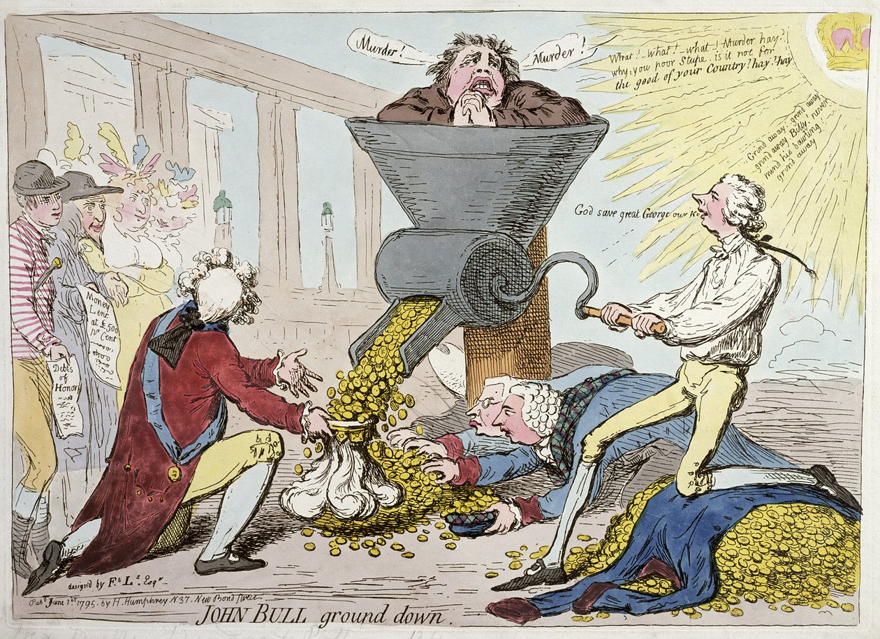 John Bull Ground Down, julkaissut Hannah Humphrey vuonna 1795 (käsinvärinen etsaus) tekijältä James Gillray