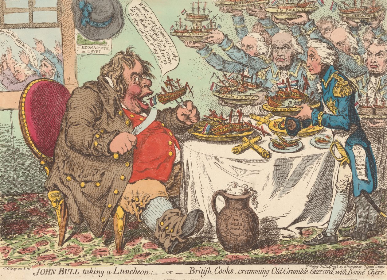 John Bull lounastamassa; - eli - brittiläiset kokit ahtavat vanhan Murinamahdun täyteen hyvää ruokaa (teoksesta: Karikatyyri, osa 1) tekijältä James Gillray