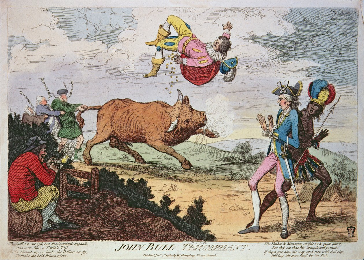 John Bull Triumphant, julkaissut William Humphrey, 4. tammikuuta 1780 (värillinen litografia) tekijältä James Gillray