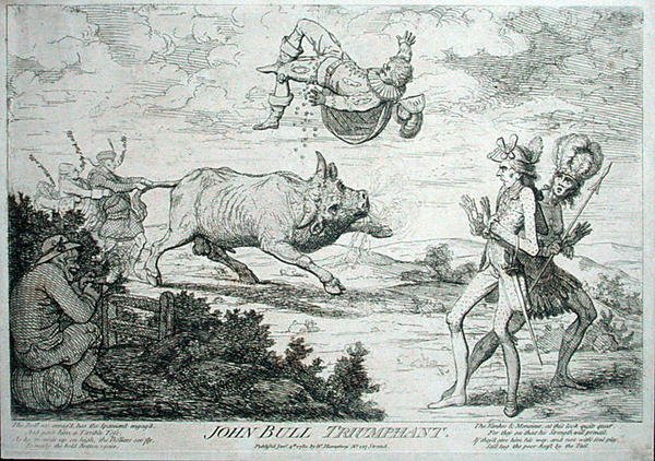 John Bull Triumphant, William Humphreyn vuonna 1780 julkaisema (etsaus) tekijältä James Gillray