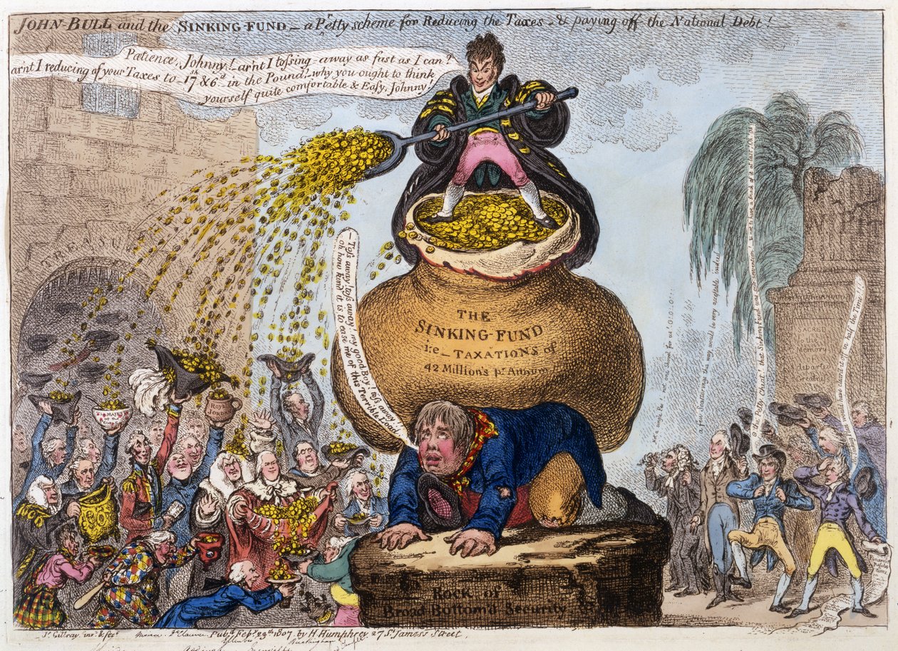 John Bull ja The Sinking Fund - pieni järjestelmä verojen vähentämiseksi ja valtionvelan maksamiseksi, pub. H Humphrey, Lontoo, 1807 (käsinvärinen kaiverrus) tekijältä James Gillray