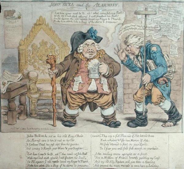 John Bull and the Alarmist, Hannah Humphreyn julkaisema 1803 (käsin väritetty etsaus). tekijältä James Gillray