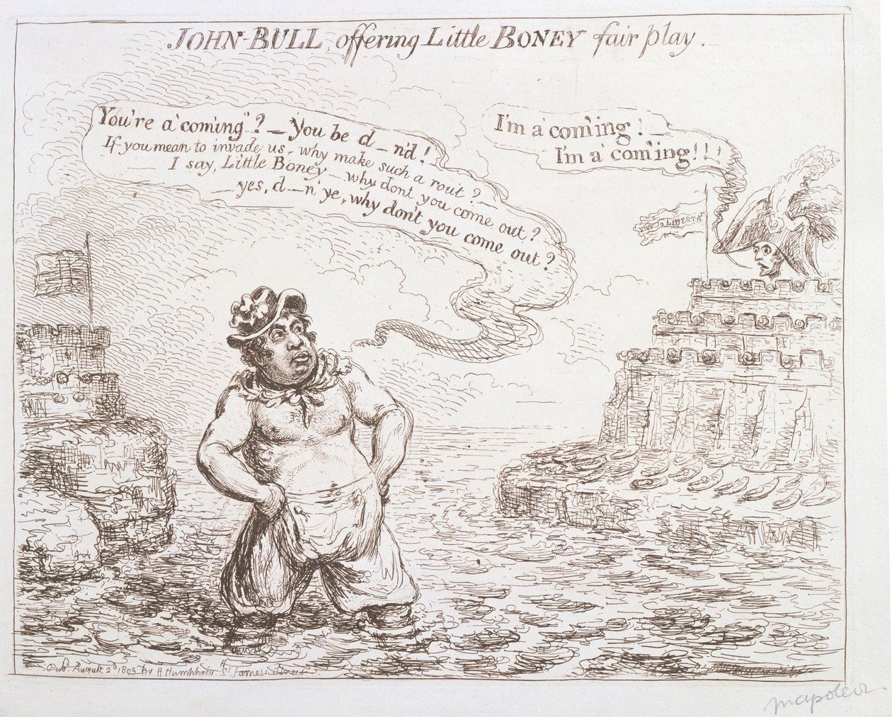 John Bull tarjoaa Little Boneyn reilua peliä, julkaissut Hannah Humphrey vuonna 1803 tekijältä James Gillray