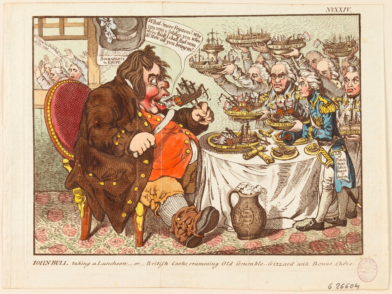 John Bull nauttii lounasta: eli brittiläiset kokit täyttävät vanhan nurisijan vatsan herkkuilla tekijältä James Gillray